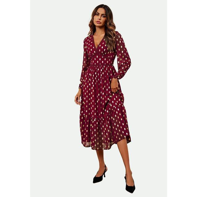 Gold Foil Lace Trim Long Sleeve Midi Dress - Wine - XS