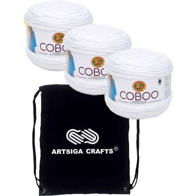 Lion Brand Coboo White 835-100 (3-Skeins - Same Dye Lot) DK Light Worsted #3 Cotton  Bamboo Yarn for Crocheting and Knitting with Project Bag