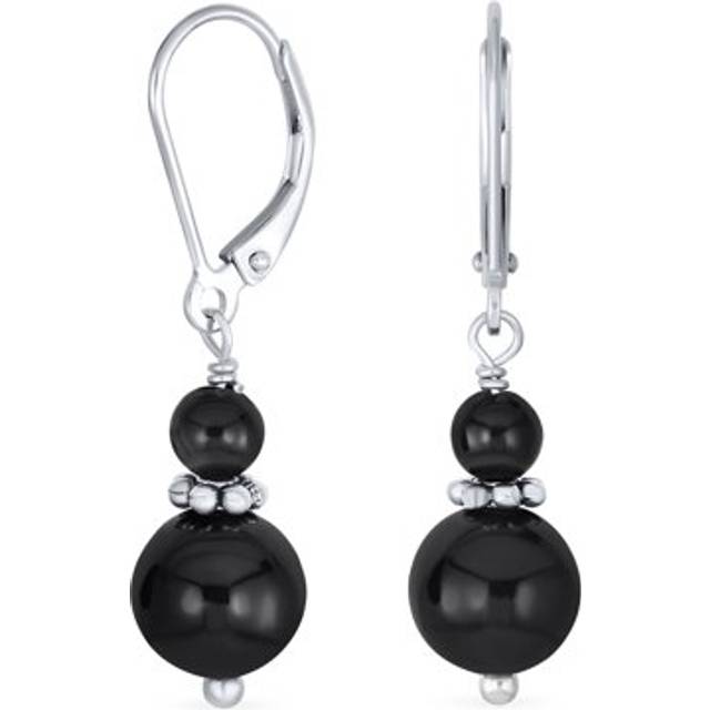 Gemstone Natural Black Onyx Boho Bali Milgrain Edged Beaded Rondel Separator Double Ball Round Drop Dangle Earrings For Women Teen .925 Sterling