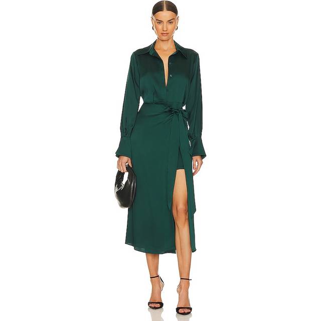 SIMKHAI - Samba Wrap-effect Satin Midi Shirt Dress - Emerald - Green - US 0