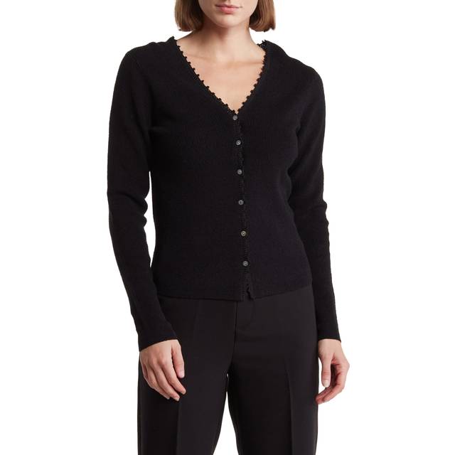 Vince, Cardigans, female, Black, L, Black Crochet Trim Elegant Cardigan