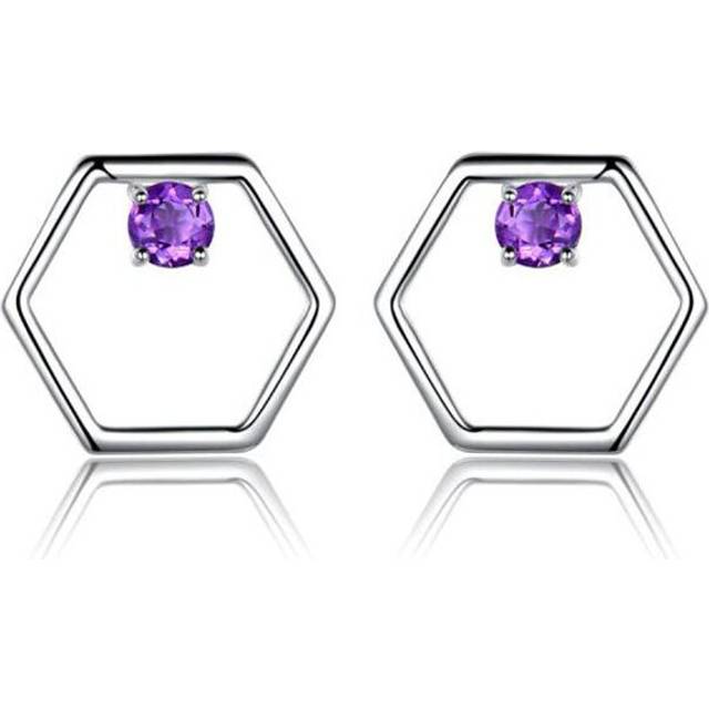 Round Purple Nano Amethyst Hexagon Stud Earrings in 0.925 White Sterling Silver