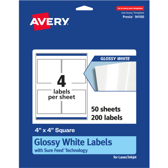 "Avery Glossy White Square Labels with Sure Feed  4"""""""" x 4""""""""  200 Glossy White Labels  Permanent Label Adhesive  Laser/Inkjet Printable Labels"