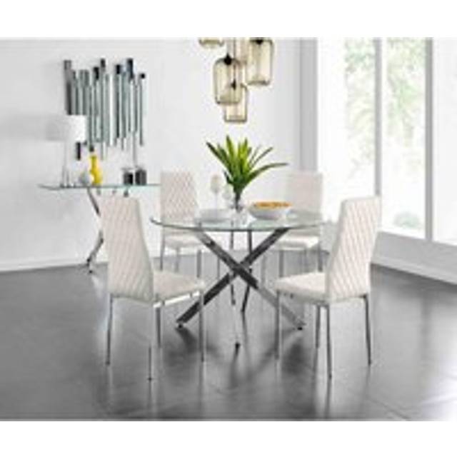 Furniturebox Arona Valera 4 Seater Round Dining Set Cream and Chrome