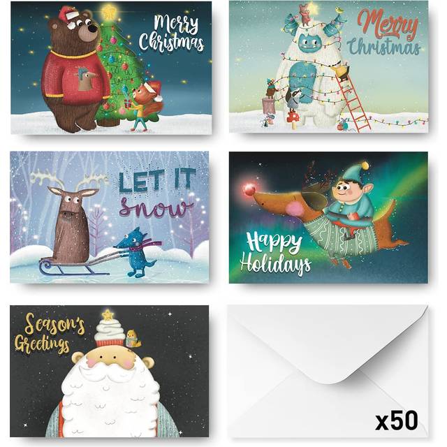 Christmas Cards Multipack, 50-Pack Christmas Cards for Family Members, Gold Foil Xmas Cards with Envelopes, 5 Assorted Designs with Glitter, Cute