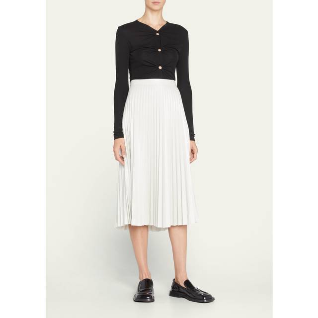 Pleated Vegan Leather Midi Skirt - OFF WHITE - 10