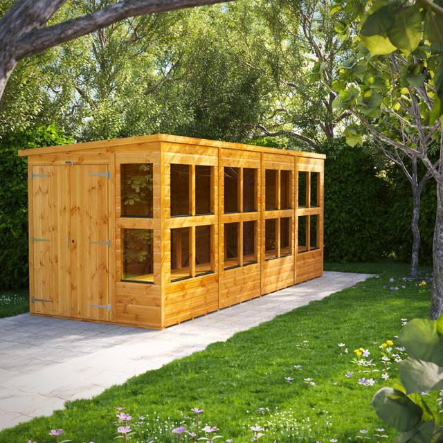 Powersheds Pent Roof Double Door Potting Shed 16ft x 6ft - Golden Brown
