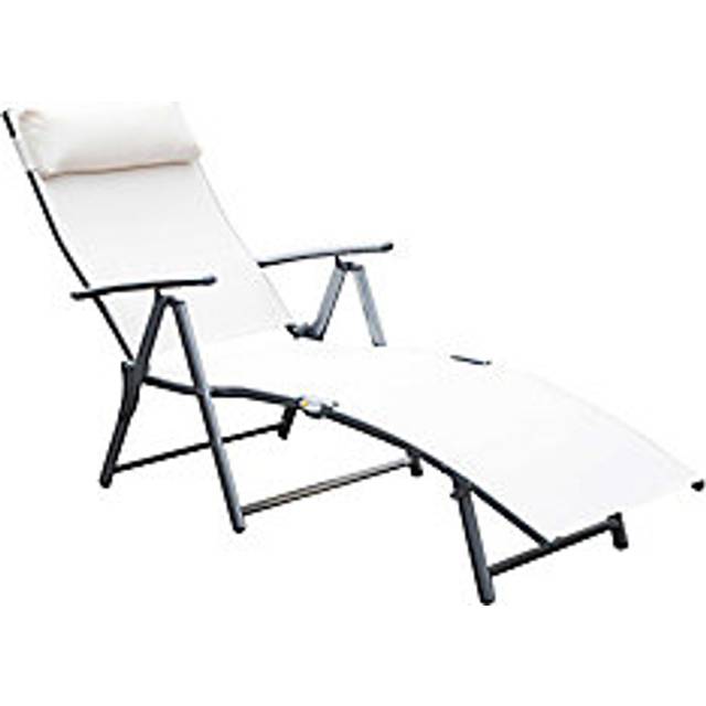 Outsunny Folding Sun Lounger, Steel Frame, Recliner Chaise, Headrest, 7 Position Adjustable, Cream White Aosom UK