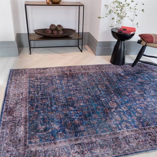 (Large  200x290cm) Kaya Ava KY02 Traditional Persian Floral Rugs in Blue Black