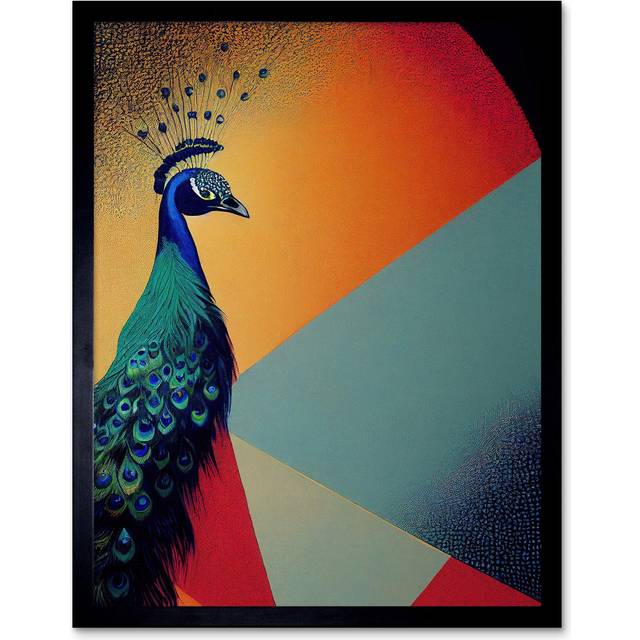 Wall Art Print Modern Peacock Portrait in Colourful Abstract Vibrant Orange Art Framed - Black - W12 inch x H16 inch