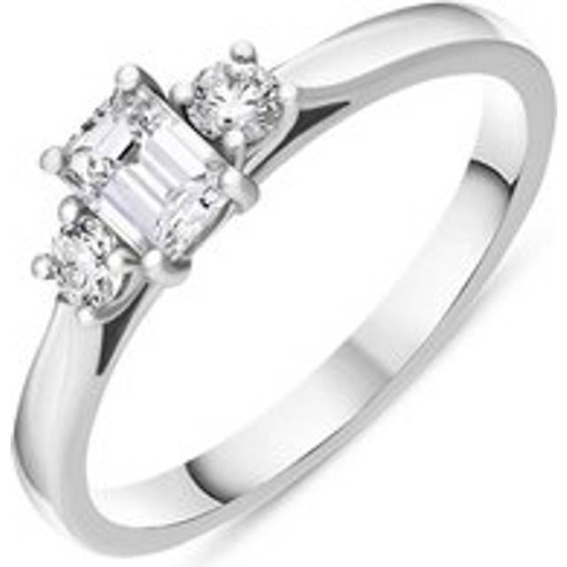 Platinum Diamond Emerald and Round Brilliant Cut Three Stone Ring - L