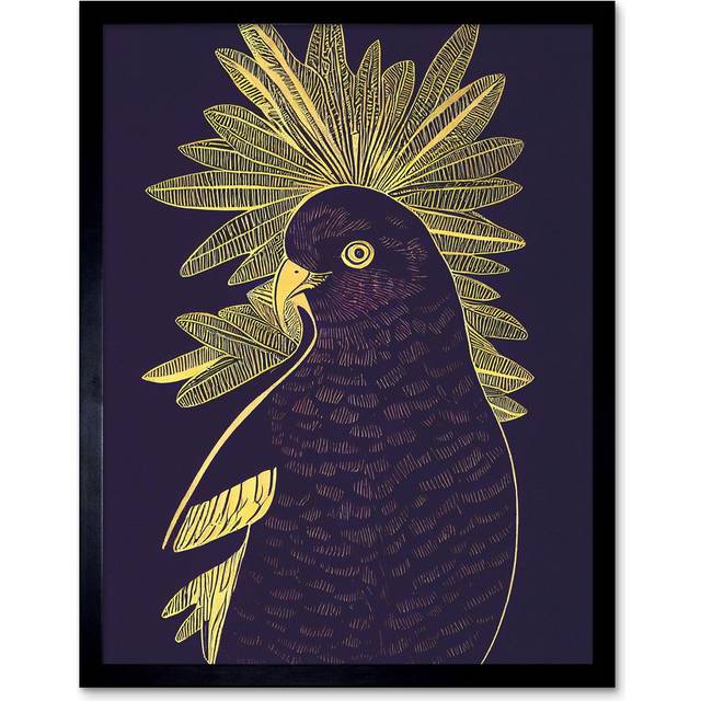 Wall Art Print Detailed Stylish Dark Deep Purple Yellow Gold Parrot Tropical Plant Art Framed - Black - W12 inch x H16 inch