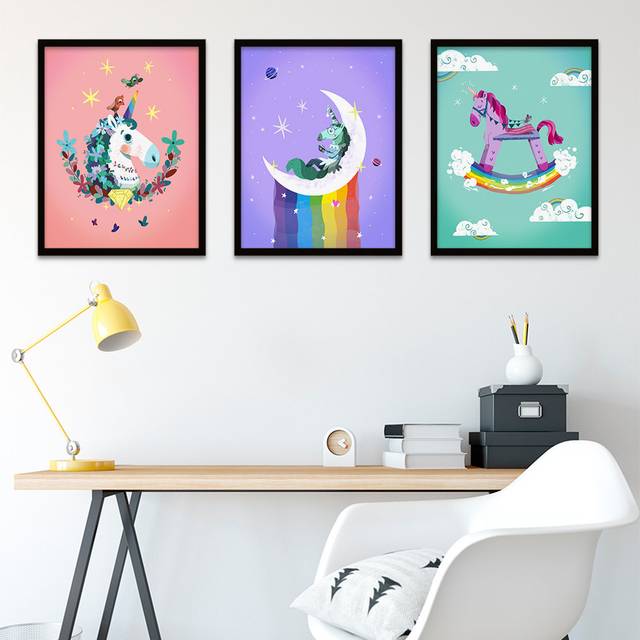 Wall Art Print Unicorns Rainbows Moon Stars Colourful Black Framed s Set of 3 Children's Bedroom Decor - Multi - W12 inch x H16 inch