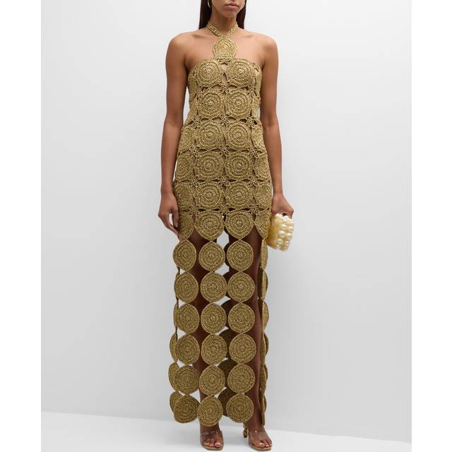 Beep Beep Lurex Crochet Cutout Halter Maxi Dress - STAR GOLD - Small