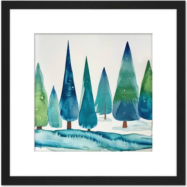 Pine Trees Winter Artic Naive Folk Art - Picture Frame Painting (25.6cm H X 25.6cm W)