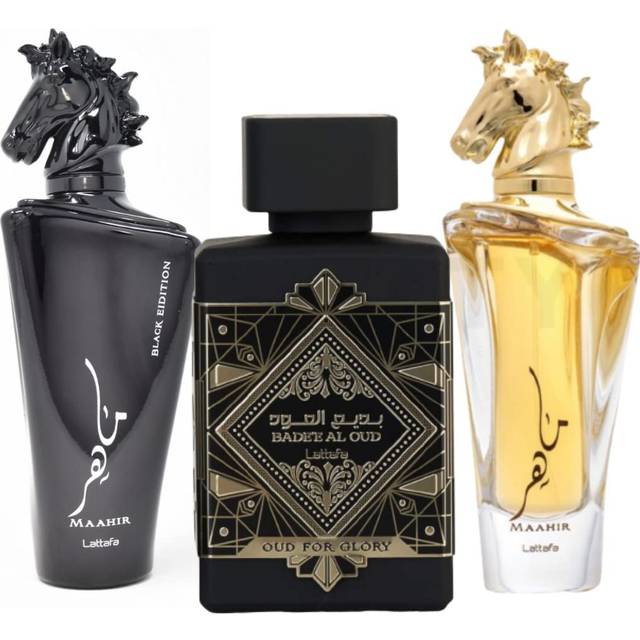 Lattafa for Unisex 3 Piece Eau de Parfum Gift Set (Maahir + Fakhar for Men + Oud Mood Elixir) 3.4 Ounce/100 ml each