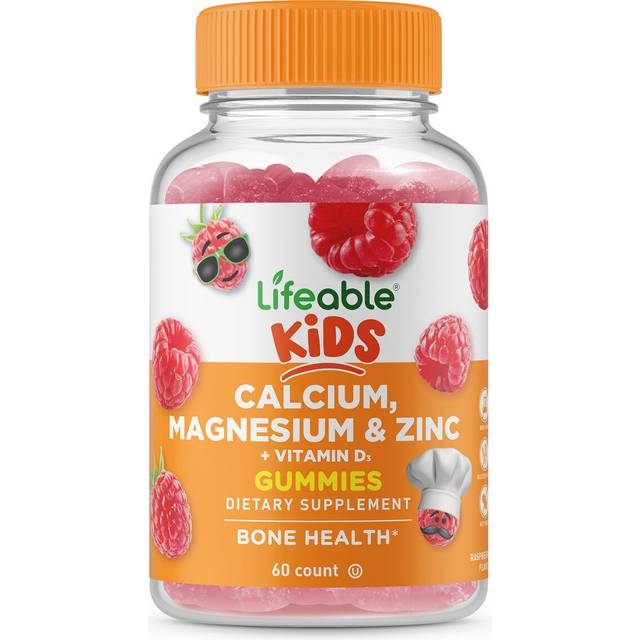 Lifeable  Kids Calcium  Magnesium & Zinc + Vitamin D3 Gummies  Natural Raspberry  60 Gummies