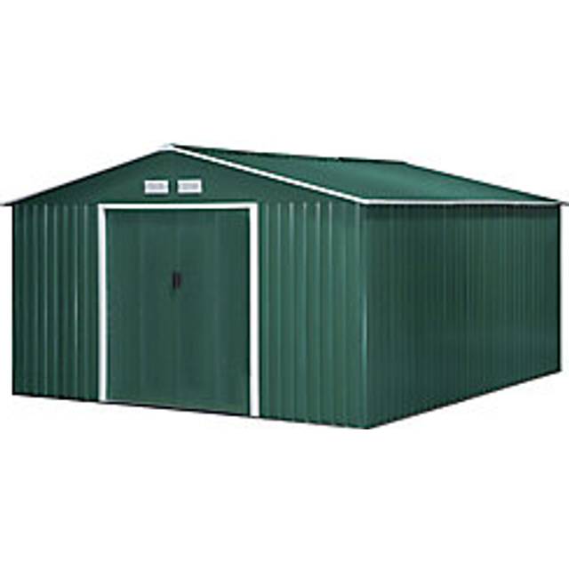 Outsunny 13 X 11 Ft Metal Garden Shed Large Patio Roofed Tool Storage Box With Ventilation And Sliding Door, Deep Green