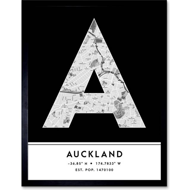 Wall Art Print Auckland New Zealand City Map Modern Typography Stylish Letter Framed Word - Black - W12 inch x H16 inch
