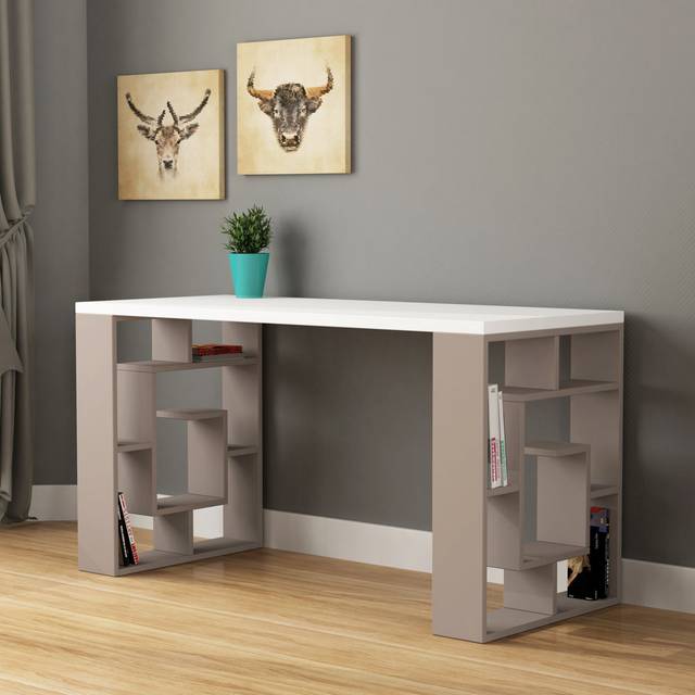 Decortie - Labirent Modern Desk With Bookshelf Legs - White / Mocha Grey - Mocha Grey