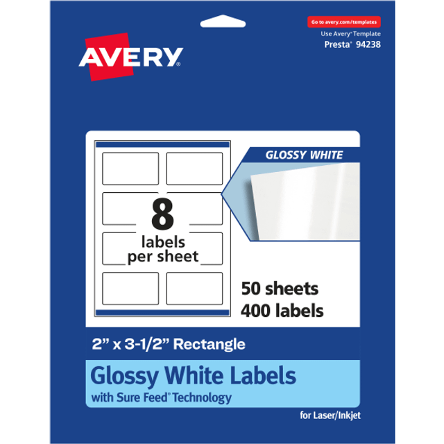 "Avery Glossy White Rectangle Labels With Sure Feed  2"""""""" x 3.5""""""""  400 Count  Print-to-The-Edge  Permanent Adhesive  Laser/Inkjet Printable"