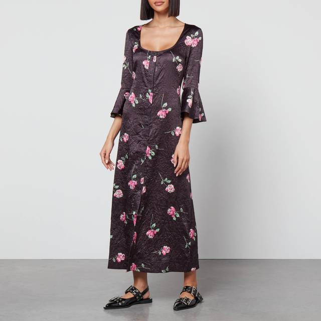 Ganni Floral-Print Crinkled Satin Midi Dress - EU 36/UK 8 - Black