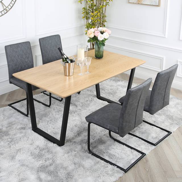 Nestor Dining Set - Oak-Effect Table with 4 Industrial Chairs - Dark Grey - One Size