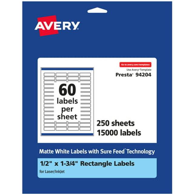 "Avery Matte White Rectangle Labels with Sure Feed  0.5"""""""" x 1.75""""""""  15 000 Matte White Printable Labels"
