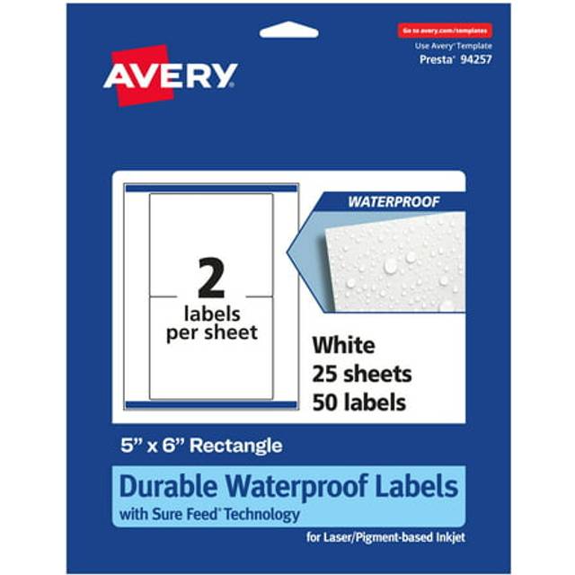 "Avery Durable Waterproof Rectangle Labels  5"""""""" x 6""""""""  50 Oil & Tear-Resistant  Waterproof  Laser/Pigment-Based Inkjet Printable"