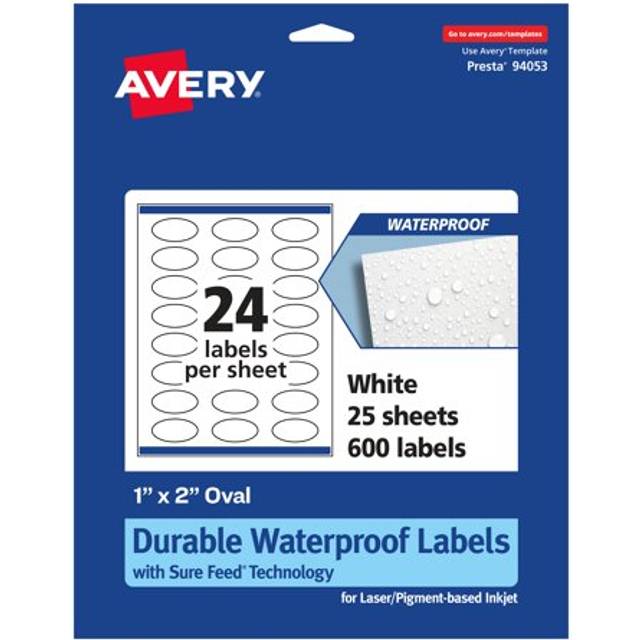 "Avery Durable Waterproof Oval Labels  1"""""""" x 2""""""""  600 Count  Print-to-The-Edge  Laser/Pigment-Based Inkjet Compatible"