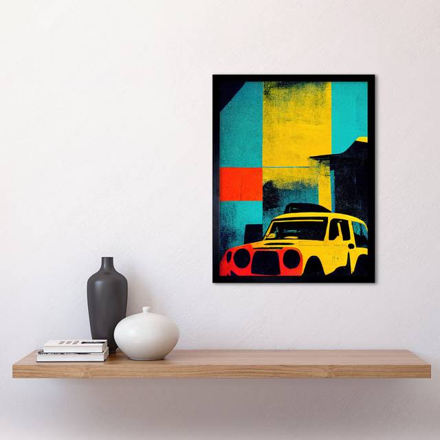 Wall Art Print Andy Warhol Inspired Modern Abstract Car Taxi Yellow Orange Teal Black Art Framed - W12 inch x H16 inch
