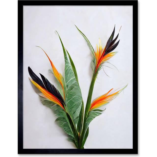Wall Art Print Bird of Paradise Stem Leaves and Flowers Tropical Plant Botanical Art Framed - Black - W12 inch x H16 inch