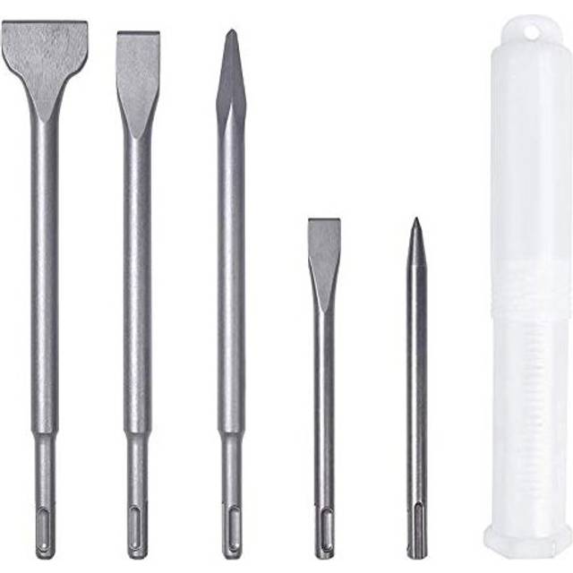 5PCS SDS Plus Drill and Chisel Set, SDS-Plus Hammer Concrete Drill Bit Set, Including Flat Chisel, Point Chisel Carbide-Tipped Masonry Bit Set for