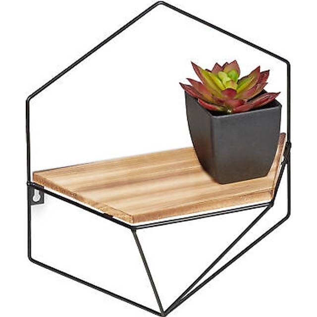 Floating Shelf, Wall Mounted Hexagon, Lattice Frame, Iron & mdf, HxBxT: 35 x 31 x 13,5 cm, Black/Light Brown - Relaxdays