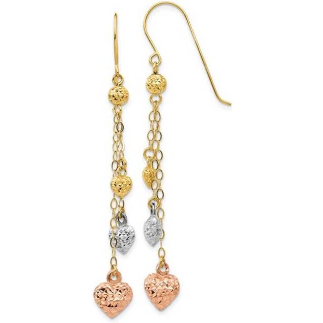 14K Tri-Color Puff Heart Dangle Earrings