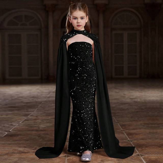 SHEIN Tween Girl Sequin Trim Chiffon Cape Sleeve Party Dress