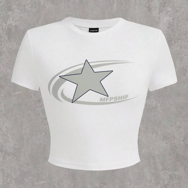SHEIN Casual Star Pattern Round Neck Short Sleeve Fitted Women Tshirt, Suitable For Summer