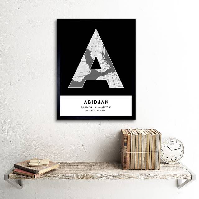 Wall Art Print Abidjan Ivory Coast City Map Modern Typography Stylish Letter Framed Word - Black - W12 inch x H16 inch