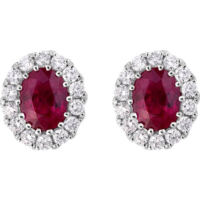 18ct White Gold Ruby Diamond Cluster Oval Stud Earrings