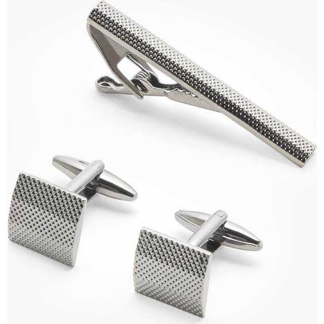 John Lewis Textured Square Cufflinks & Tie Bar Gift Set, Gunmetal