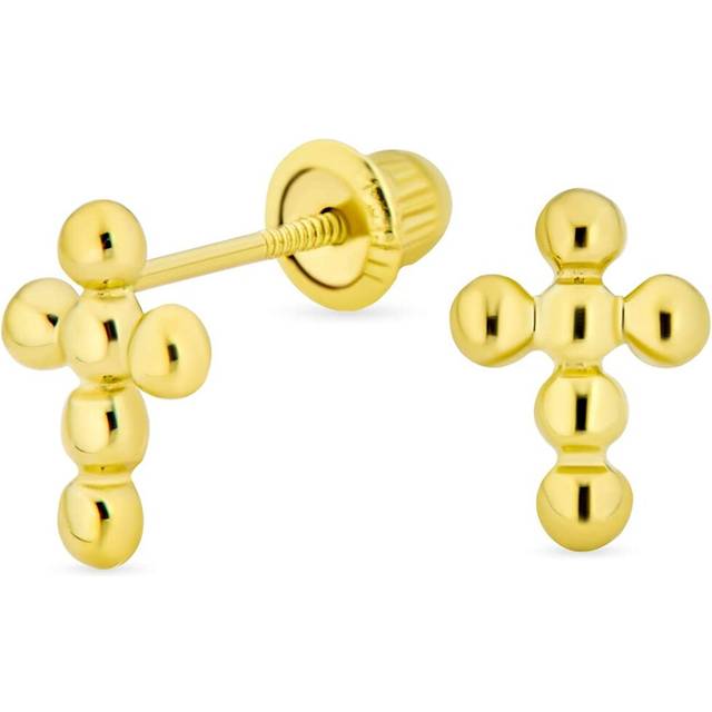 Small Minimalist Religious Christian Mini Ball Bubble Cross Stud Earrings for Women Teen Real 14K Yellow Gold Safety Screw Back gold