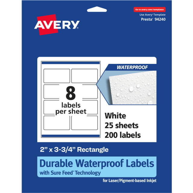 "AVERY Durable Waterproof Rectangle Labels  2"""""""" x 3.75""""""""  200 Count  Print-to-The-Edge  Laser/Pigment-Based Inkjet Compatible"