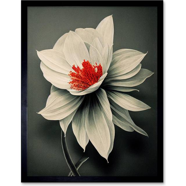 Wall Art Print Realistic Greyscale Macro Flower Floral Bloom with Orange Red Stamen Art Framed - Black - W12 inch x H16 inch