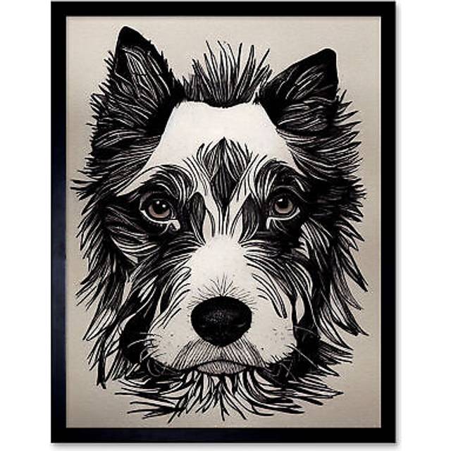 Wall Art Print Cute Border Collie Face Portrait Ink Line Drawing Black White Monochrome Art Framed - W12 inch x H16 inch