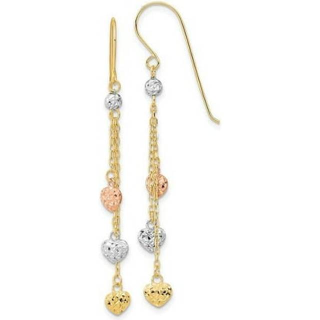 14K Tri-Color Diamond-Cut Triple Heart Dangle Shepherd Hook Earrings