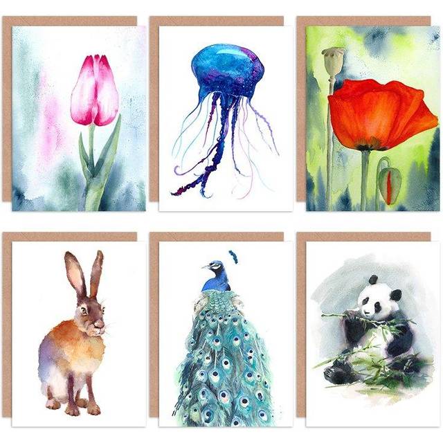 Watercolour Nature Animals Flowers All Occasions Various Assorted Greeting Cards With Envelopes Pack of 6 - Multi - One Size