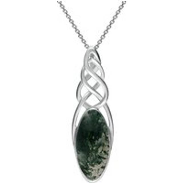 Sterling Silver Moss Agate Marquise Pierced Long Necklace - Silver