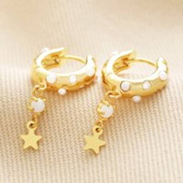 Pearl and Crystal Star Charm Huggie Hoop Earrings in Gold - gold/white/clear - one size