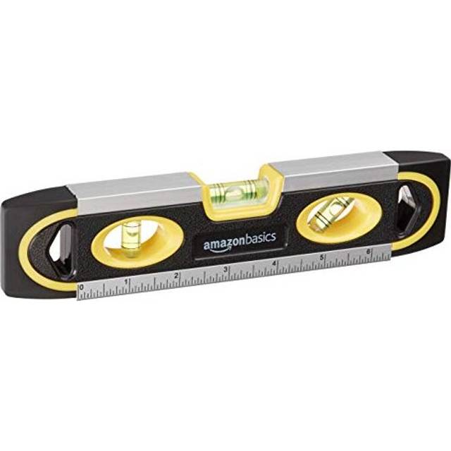 Amazon Basics 9-inch Easy to Use Magnetic Torpedo Level and Ruler  with 180/90/45 Degree Bubbles  Black  Yellow