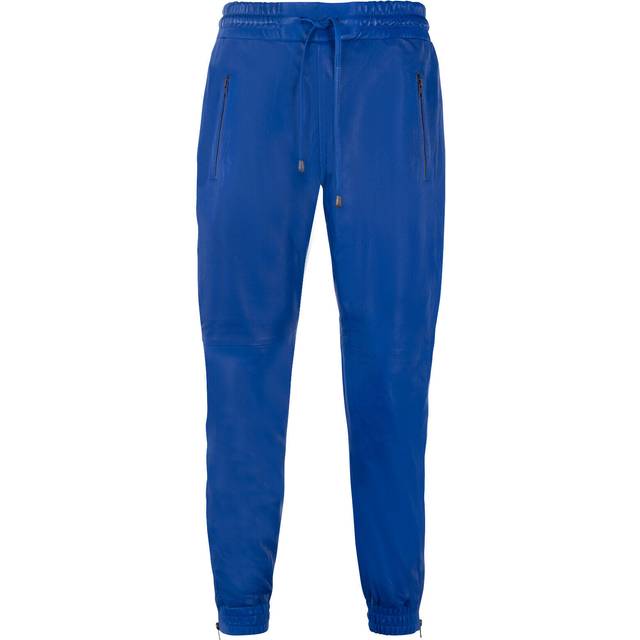Mens real leather trousers blue napa sweat track pants zip jogging bottom